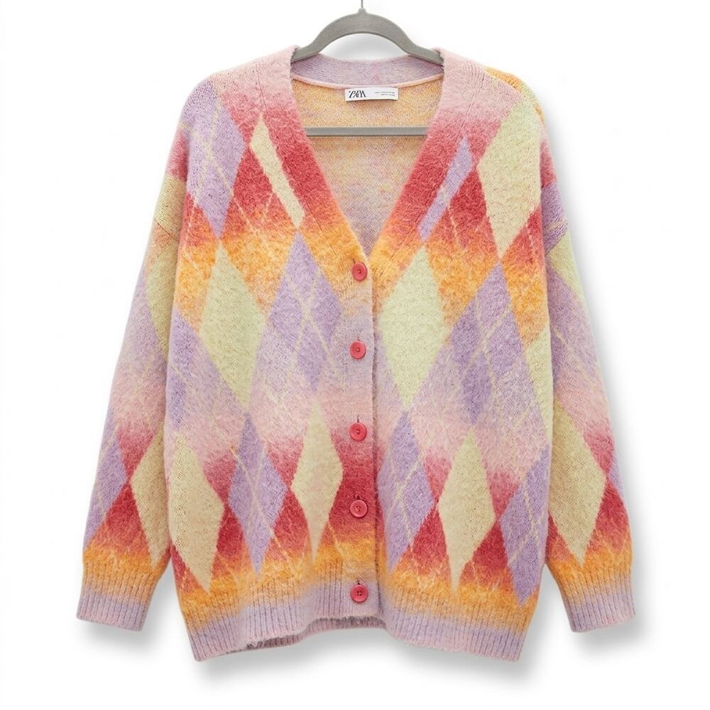 ZARA Colorful Argyle Knit Cardigan Sweater